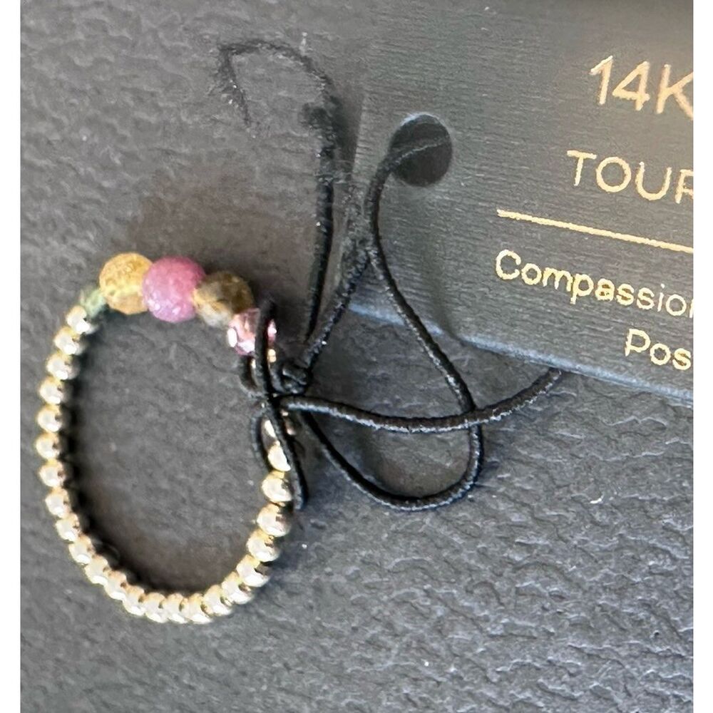 NWT 14K Solid Yellow Gold Tourmaline Beaded Ring Sz 7